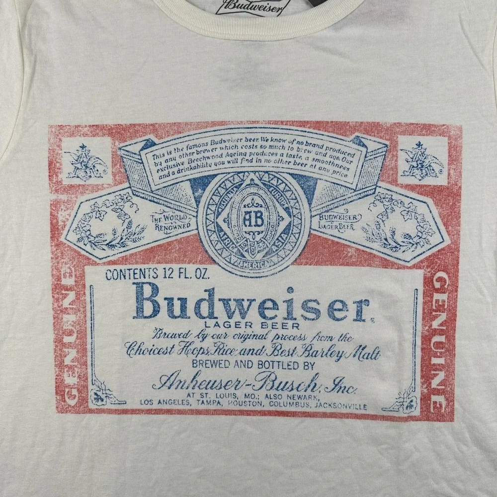 Budweiser Shirt Men's Large White Beer Label Graphic Tee Hybrid Apparel NWT